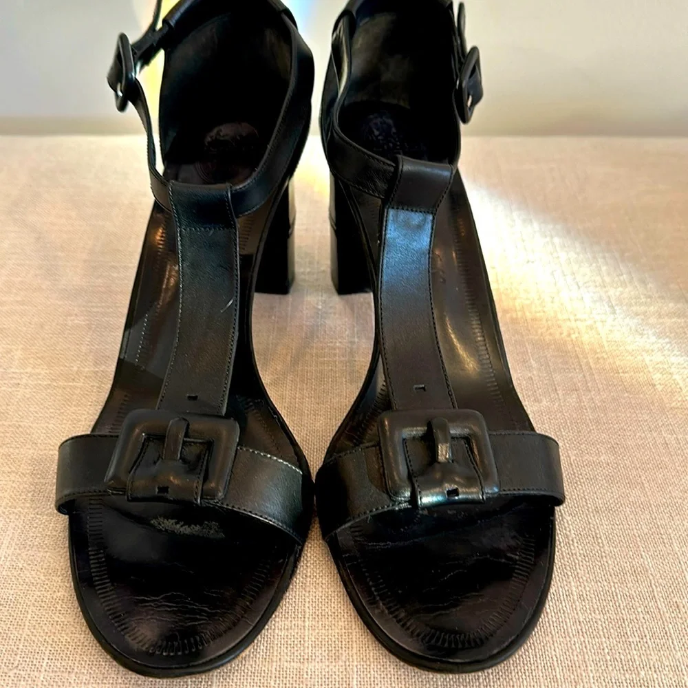 Delman Black Leather T-Strap Buckle Block Heel Sandals Size 10